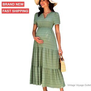 Maternity Maxi Dress with Pockets, Short Sleeves, A-Line, Elastic Waist